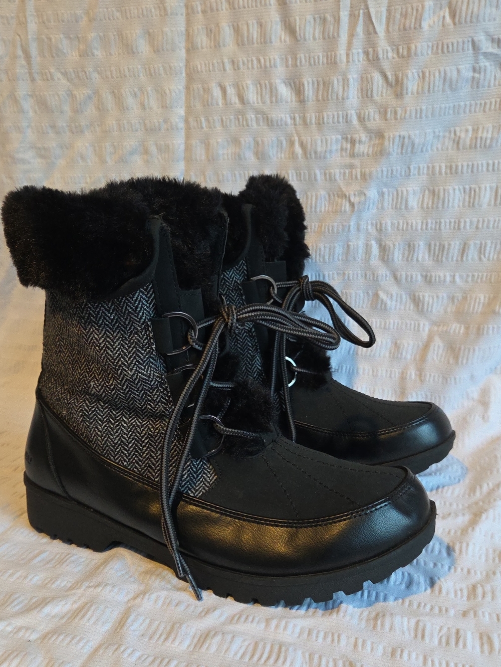 JBU Black Herringbone Faux-Fur Lace-Up Winter Boots